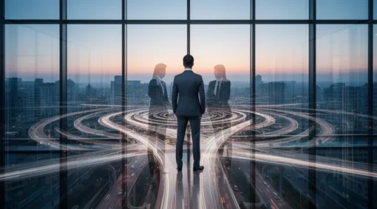 Dirigeant d'entreprise contemplant plusieurs chemins dans un environnement moderne de bureau