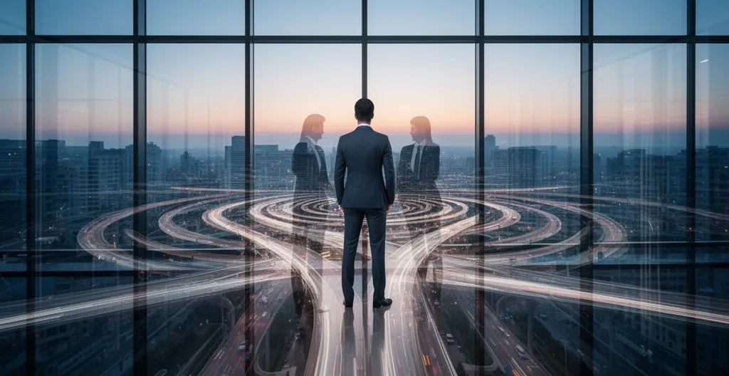 Dirigeant d'entreprise contemplant plusieurs chemins dans un environnement moderne de bureau