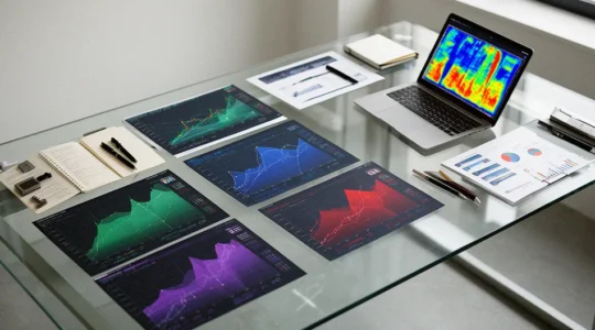 Vue aérienne d'un bureau moderne avec divers documents d'analyse et graphiques colorés, suggérant une analyse stratégique complexe en cours.