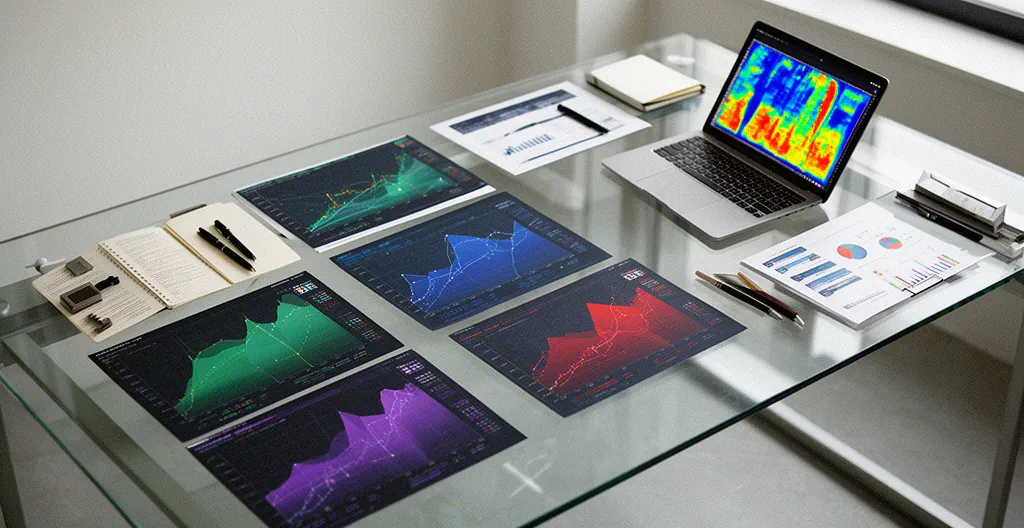 Vue aérienne d'un bureau moderne avec divers documents d'analyse et graphiques colorés, suggérant une analyse stratégique complexe en cours.