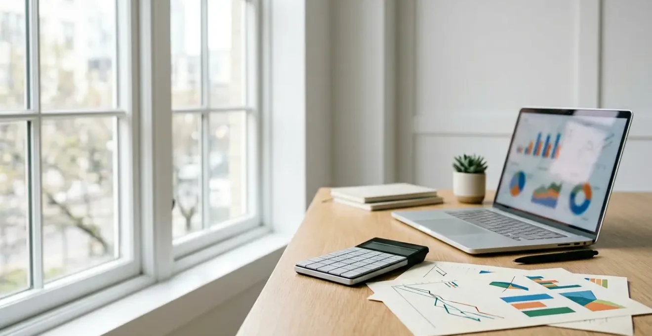 Tableau de bord financier moderne avec graphiques et calculatrice pour analyser le point mort d'une entreprise