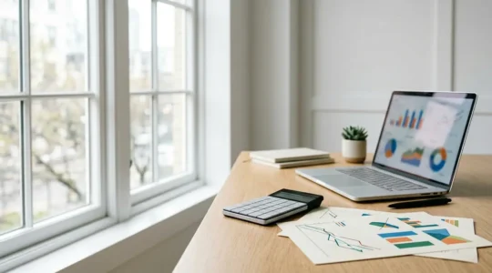 Tableau de bord financier moderne avec graphiques et calculatrice pour analyser le point mort d'une entreprise