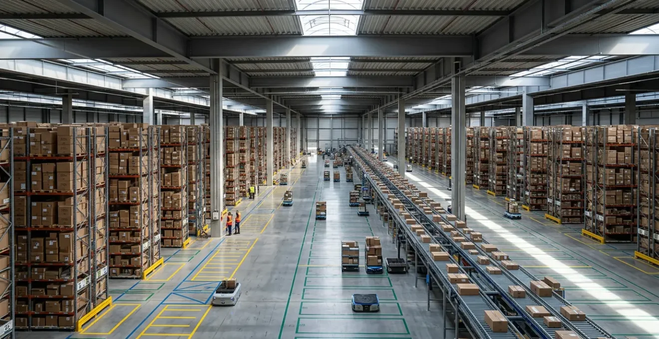 Vue aérienne d'un entrepôt logistique moderne avec flux de marchandises optimisés