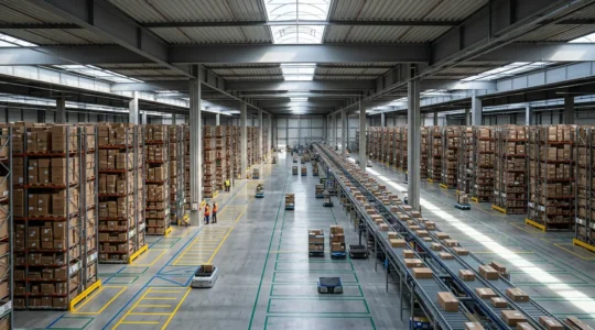 Vue aérienne d'un entrepôt logistique moderne avec flux de marchandises optimisés