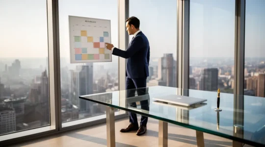 Dirigeant analysant son agenda dans un bureau moderne avec vue panoramique