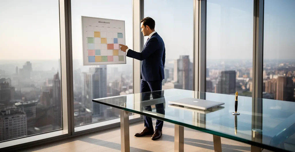 Dirigeant analysant son agenda dans un bureau moderne avec vue panoramique