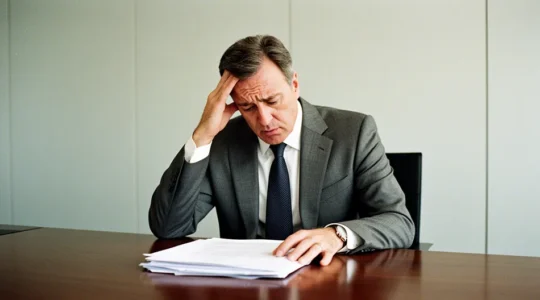 Dirigeant d'entreprise dans son bureau contemplant des documents juridiques avec une expression préoccupée