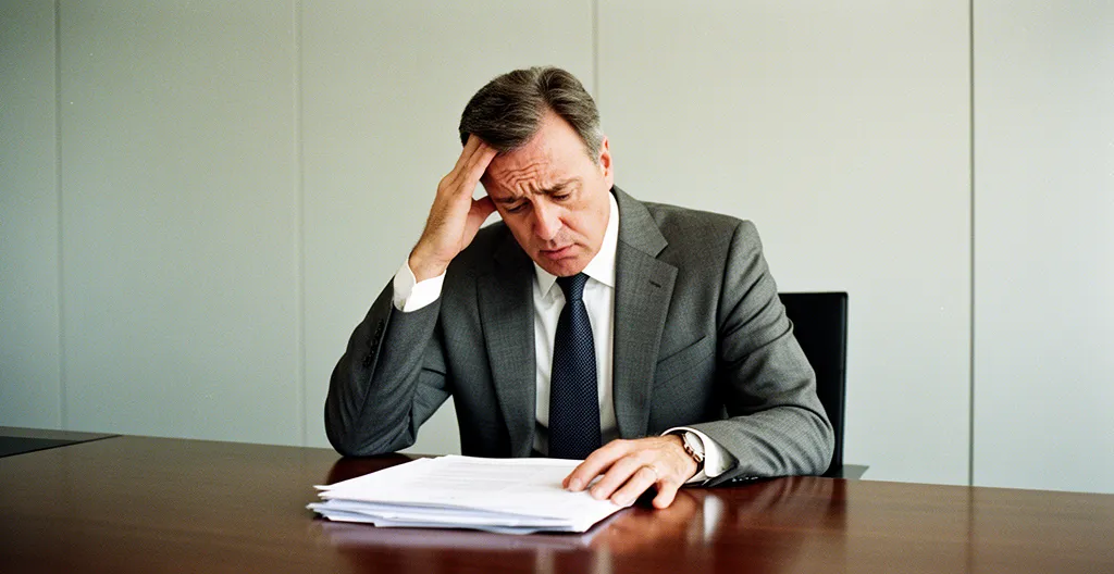 Dirigeant d'entreprise dans son bureau contemplant des documents juridiques avec une expression préoccupée