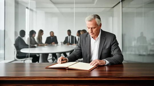 Un dirigeant d'entreprise mature dans son bureau examine attentivement des documents de succession, avec en arrière-plan les silhouettes d'une équipe réunie autour d'une table de conférence.