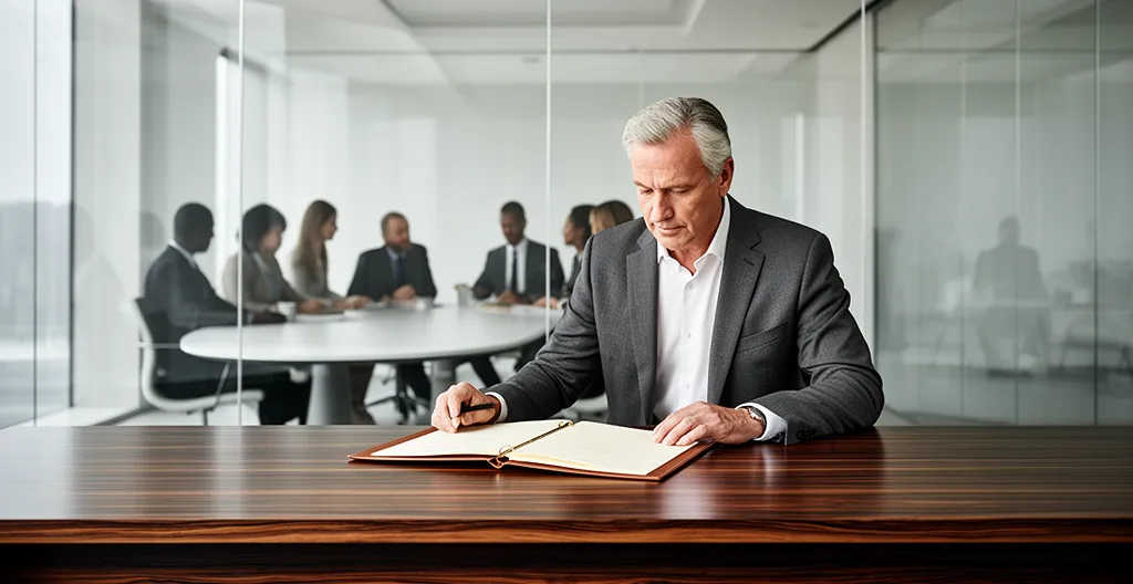 Un dirigeant d'entreprise mature dans son bureau examine attentivement des documents de succession, avec en arrière-plan les silhouettes d'une équipe réunie autour d'une table de conférence.