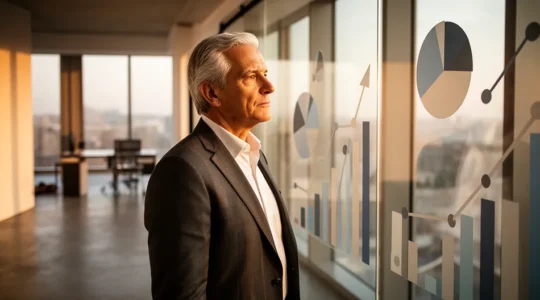 Dirigeant de PME analysant un tableau de bord stratégique dans un bureau moderne avec vue sur la ville