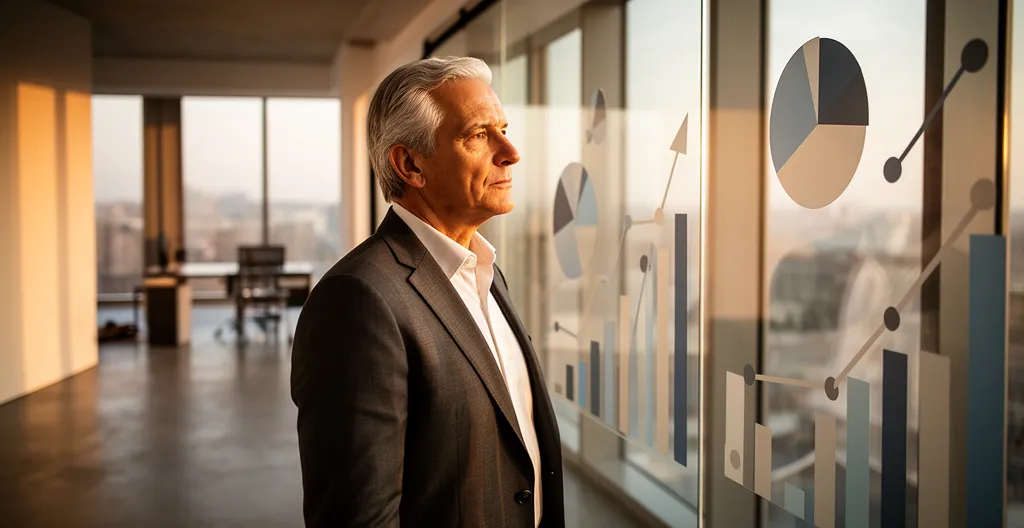 Dirigeant de PME analysant un tableau de bord stratégique dans un bureau moderne avec vue sur la ville
