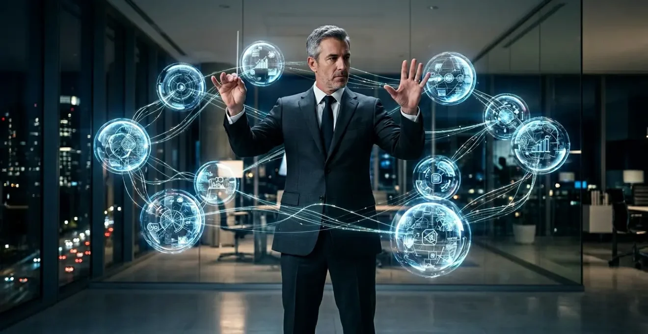 Dirigeant d'entreprise orchestrant différents pôles de compétences dans un environnement moderne