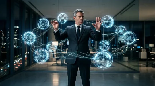 Dirigeant d'entreprise orchestrant différents pôles de compétences dans un environnement moderne