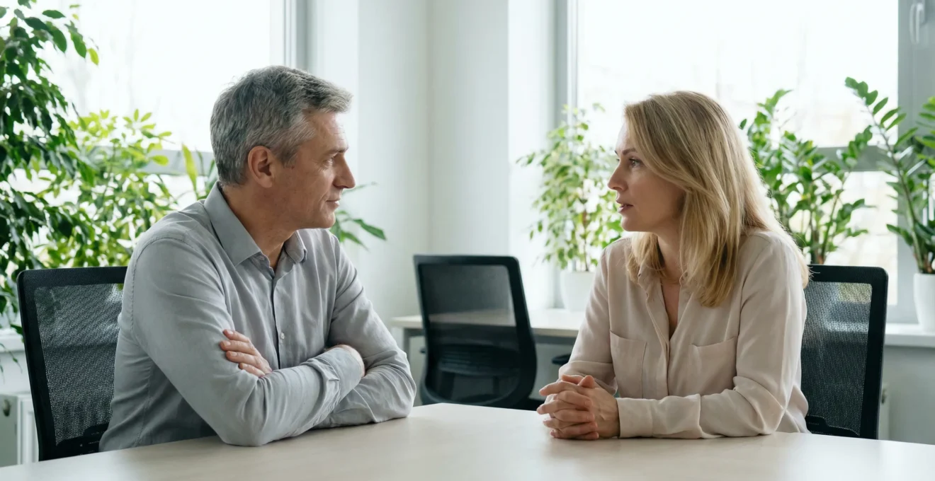 Discussion professionnelle entre manager et collaborateur sur une rupture conventionnelle