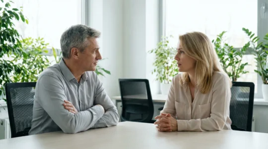 Discussion professionnelle entre manager et collaborateur sur une rupture conventionnelle