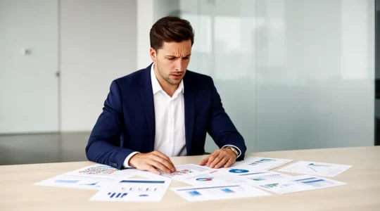 Entrepreneur analysant des documents financiers avec confiance dans un environnement moderne et professionnel