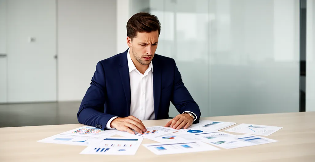 Entrepreneur analysant des documents financiers avec confiance dans un environnement moderne et professionnel