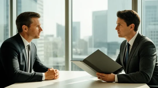 Entrepreneur en réunion avec un conseiller bancaire dans un bureau moderne