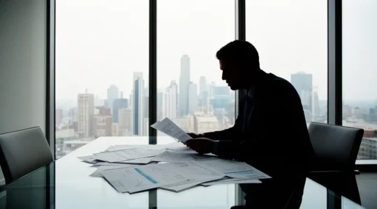 Entrepreneur analysant des données financières dans un bureau moderne avec vue sur la ville