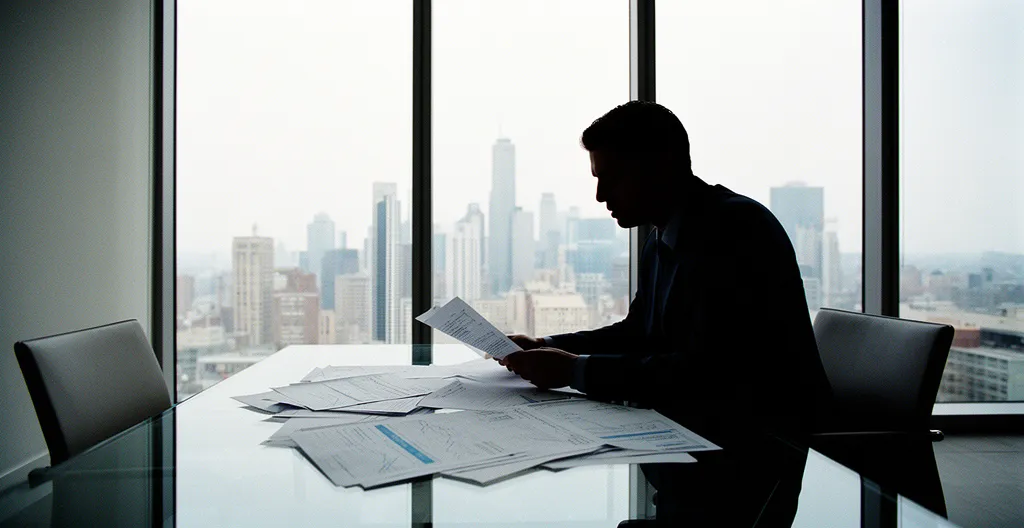 Entrepreneur analysant des données financières dans un bureau moderne avec vue sur la ville