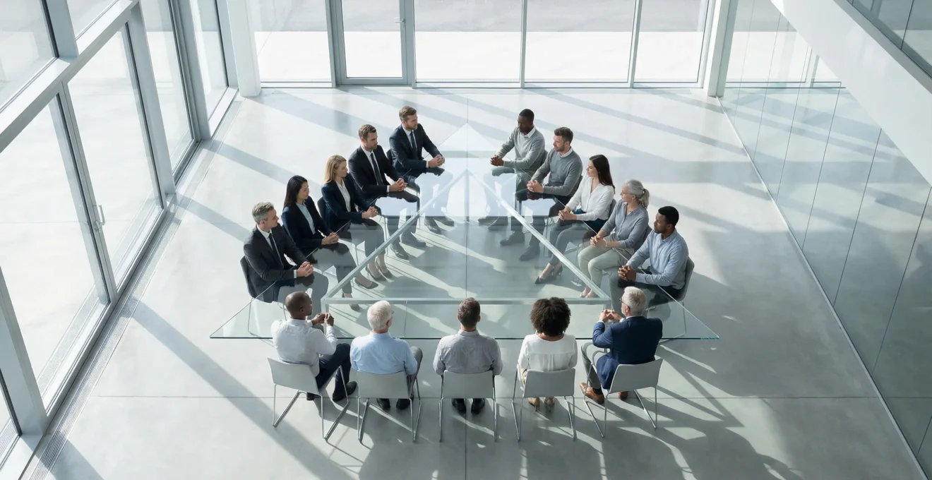 Vue d'ensemble d'un espace de négociation moderne avec trois groupes de personnes en discussion équilibrée