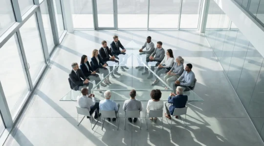 Vue d'ensemble d'un espace de négociation moderne avec trois groupes de personnes en discussion équilibrée