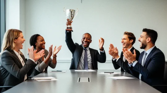 Équipe commerciale célébrant un succès avec dynamisme et enthousiasme dans un environnement professionnel moderne