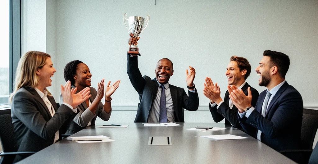 Équipe commerciale célébrant un succès avec dynamisme et enthousiasme dans un environnement professionnel moderne