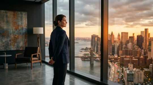 Un leader en réflexion dans un espace professionnel moderne, symbolisant la transition d'expert à leader