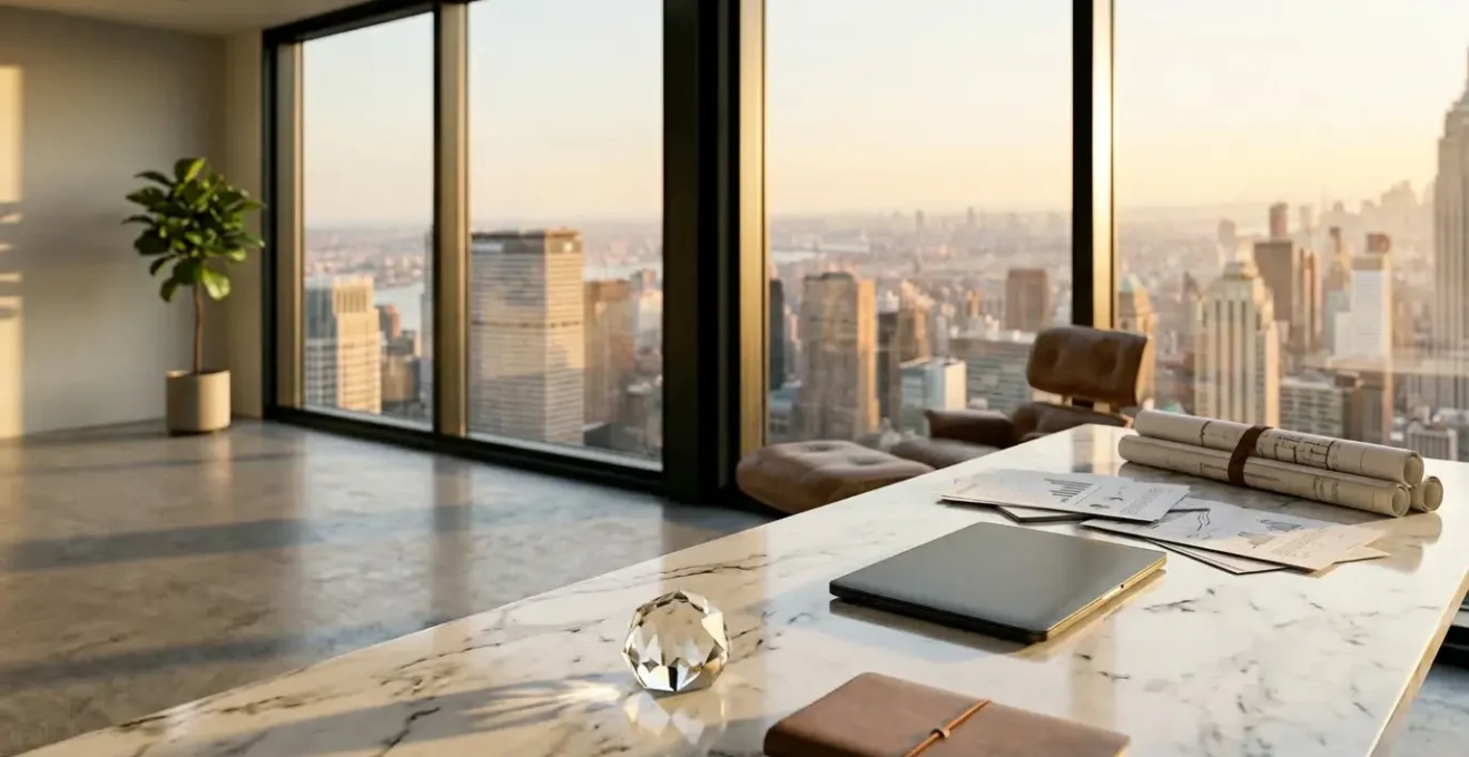 Bureau moderne avec documents financiers et graphiques de croissance, atmosphère professionnelle