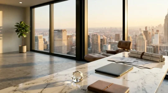 Bureau moderne avec documents financiers et graphiques de croissance, atmosphère professionnelle