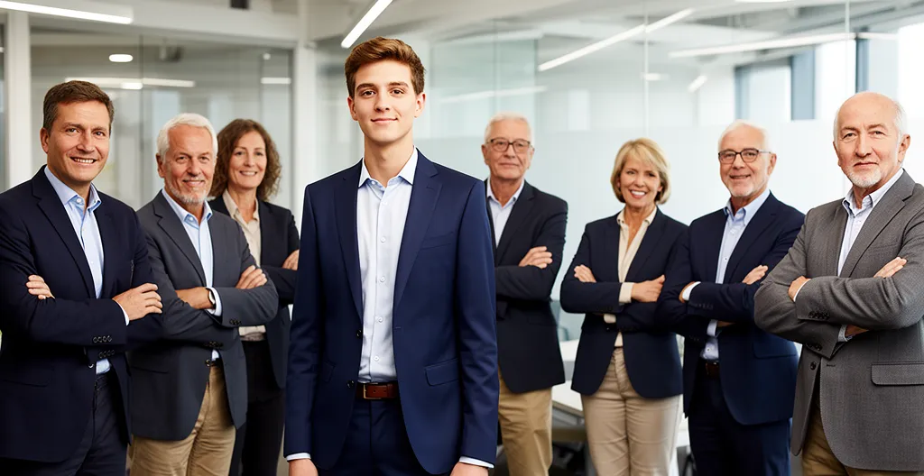 Jeune dirigeant face à une équipe multigénérationnelle dans un environnement professionnel moderne