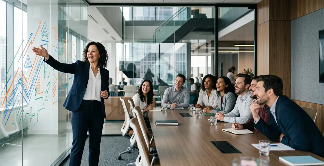 Leader d'entreprise dirigeant une réunion stratégique avec son équipe dans un environnement professionnel moderne