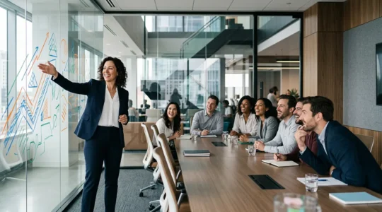 Leader d'entreprise dirigeant une réunion stratégique avec son équipe dans un environnement professionnel moderne