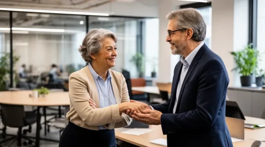 Deux professionnels en discussion stratégique dans un environnement de travail moderne