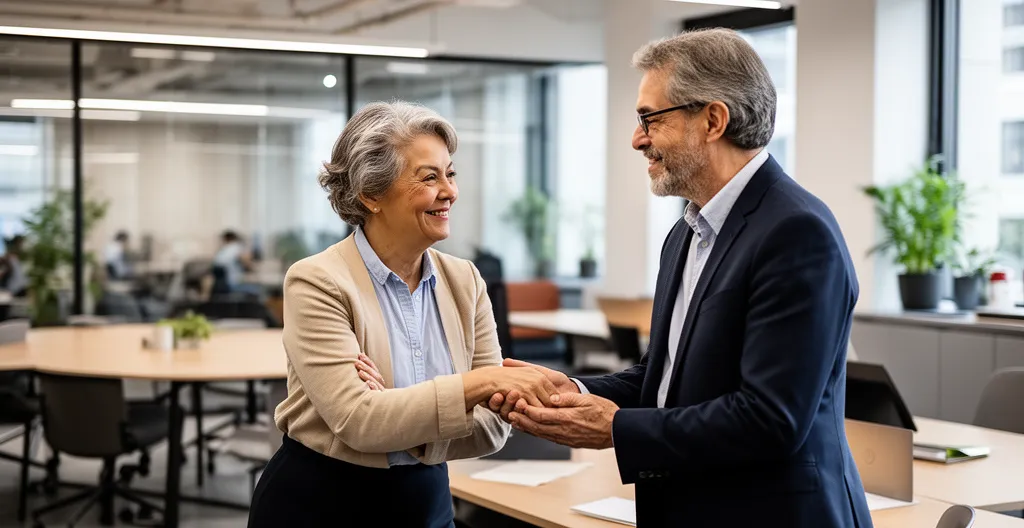 Deux professionnels en discussion stratégique dans un environnement de travail moderne