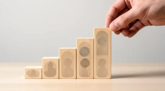 Entrepreneur analysant des données financières avec une calculatrice et des graphiques sur un bureau minimaliste