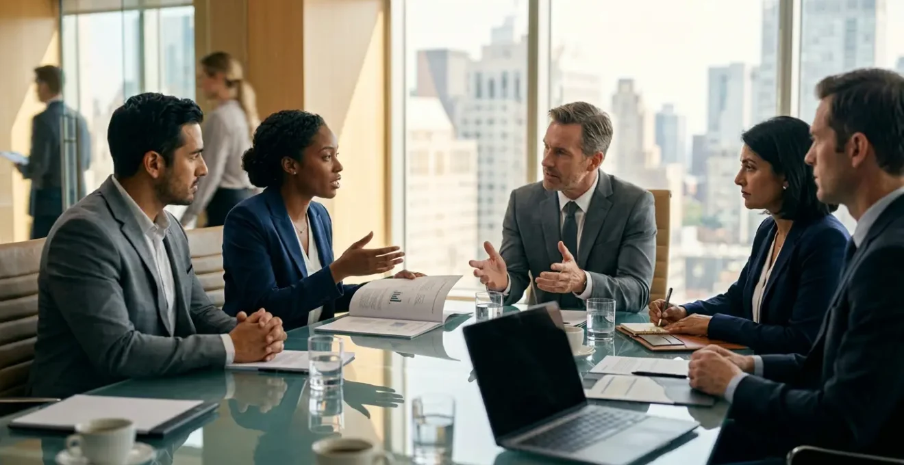 Négociation entre fondateurs et investisseurs dans une salle de réunion moderne