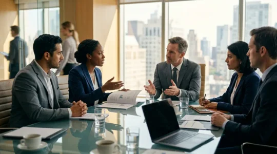 Négociation entre fondateurs et investisseurs dans une salle de réunion moderne