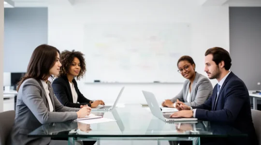 Espace de travail collaboratif avec équipe commerciale planifiant stratégie pour premiers clients