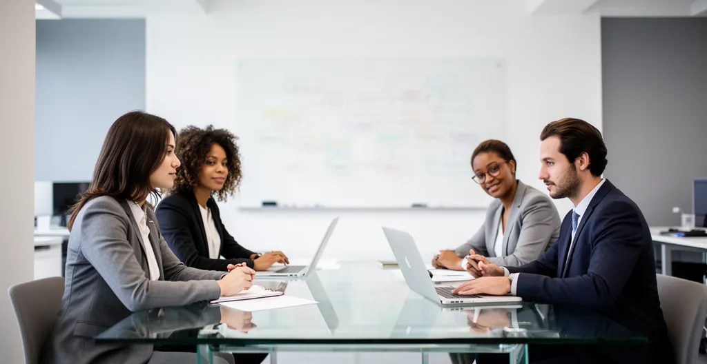 Espace de travail collaboratif avec équipe commerciale planifiant stratégie pour premiers clients