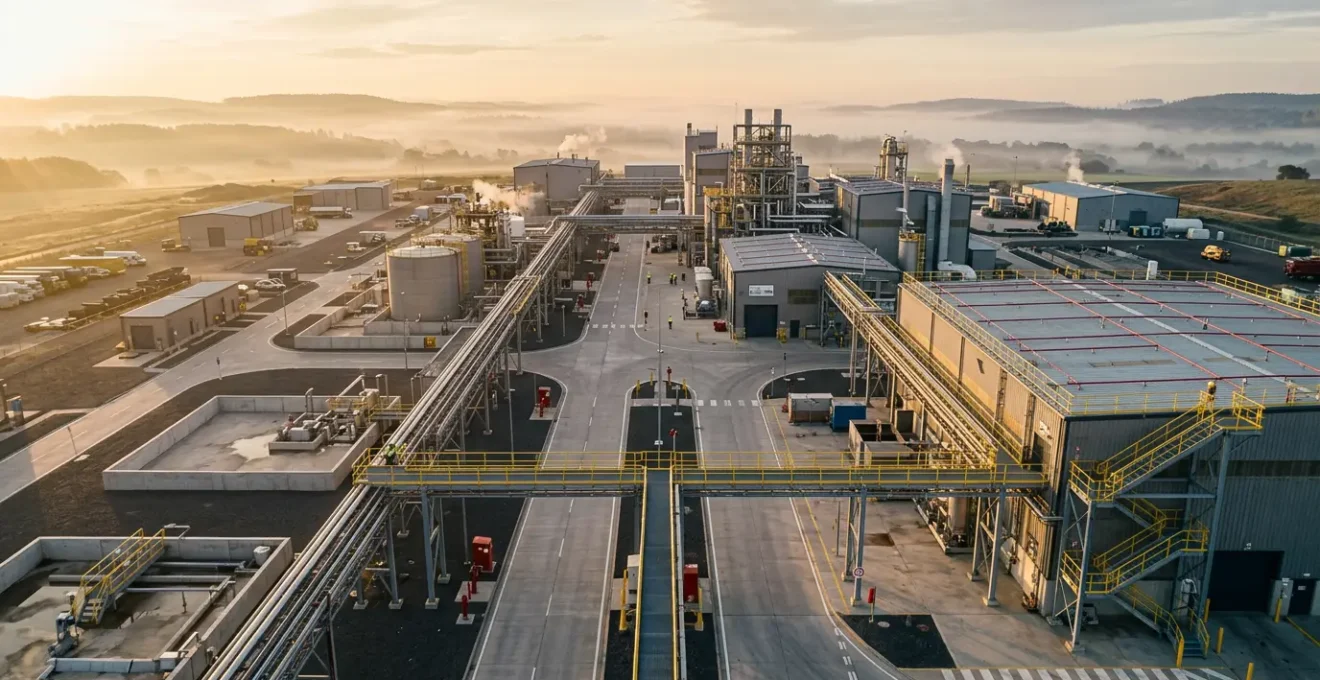 Vue aérienne d'une usine moderne avec des systèmes de sécurité et des protocoles de prévention visibles