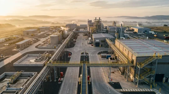 Vue aérienne d'une usine moderne avec des systèmes de sécurité et des protocoles de prévention visibles