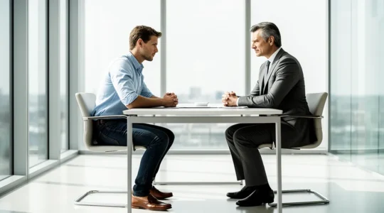 Un entrepreneur présente un dossier de prévisionnel financier à un banquier dans un bureau moderne