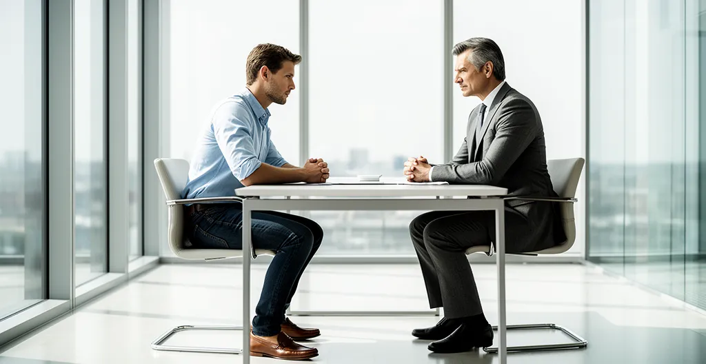 Un entrepreneur présente un dossier de prévisionnel financier à un banquier dans un bureau moderne