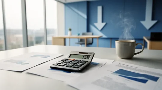 Bureau moderne avec analyse financière sur écran flou et calculatrice, symbolisant la réduction méthodique des frais généraux d'entreprise