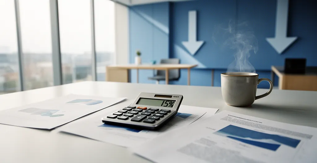 Bureau moderne avec analyse financière sur écran flou et calculatrice, symbolisant la réduction méthodique des frais généraux d'entreprise