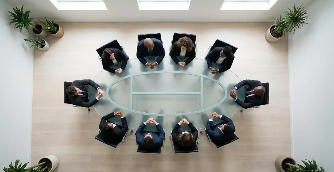 Vue aérienne minimaliste d'une salle de conseil avec personnes en réunion autour d'une table ovale