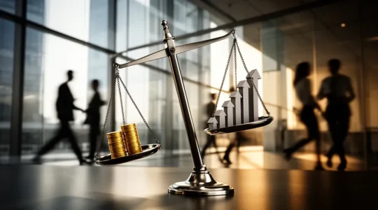 Concept visuel des risques asymétriques avec balance déséquilibrée et trajectoires exponentielles